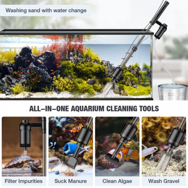 AKKEE Aquarium Vacuum Gravel Cleaner, 6 in 1 Multifunctional 18W Fish Tank Gravel Cleaner Vacuum for Water Changer Wash Sand Water Filter Circulation Aquarium Vacuum Cleaner IP68 Waterproof Black